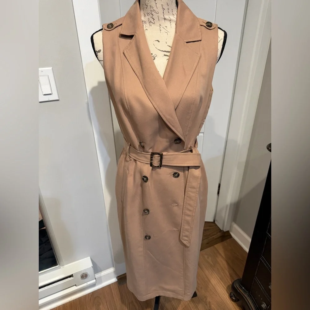 White House Black Market Tan Belted Midi Trench Coat Dress - Picture 1 of 8